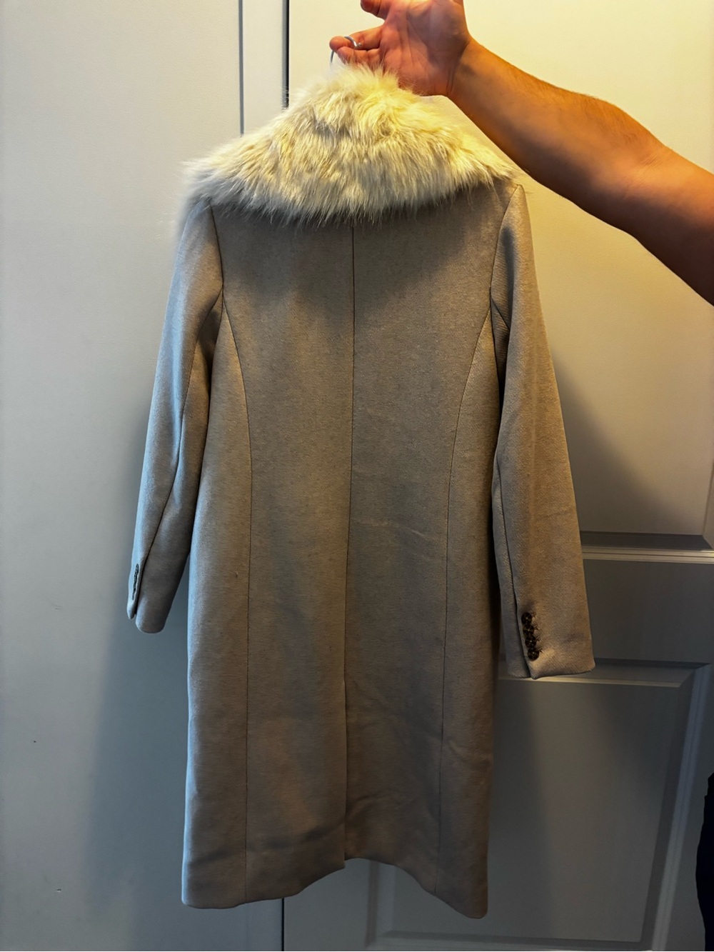 Abercrombie & Fitch Wool Blend Tan Long Length Coat w Removable Faux Fur Collar - Picture 16 of 16